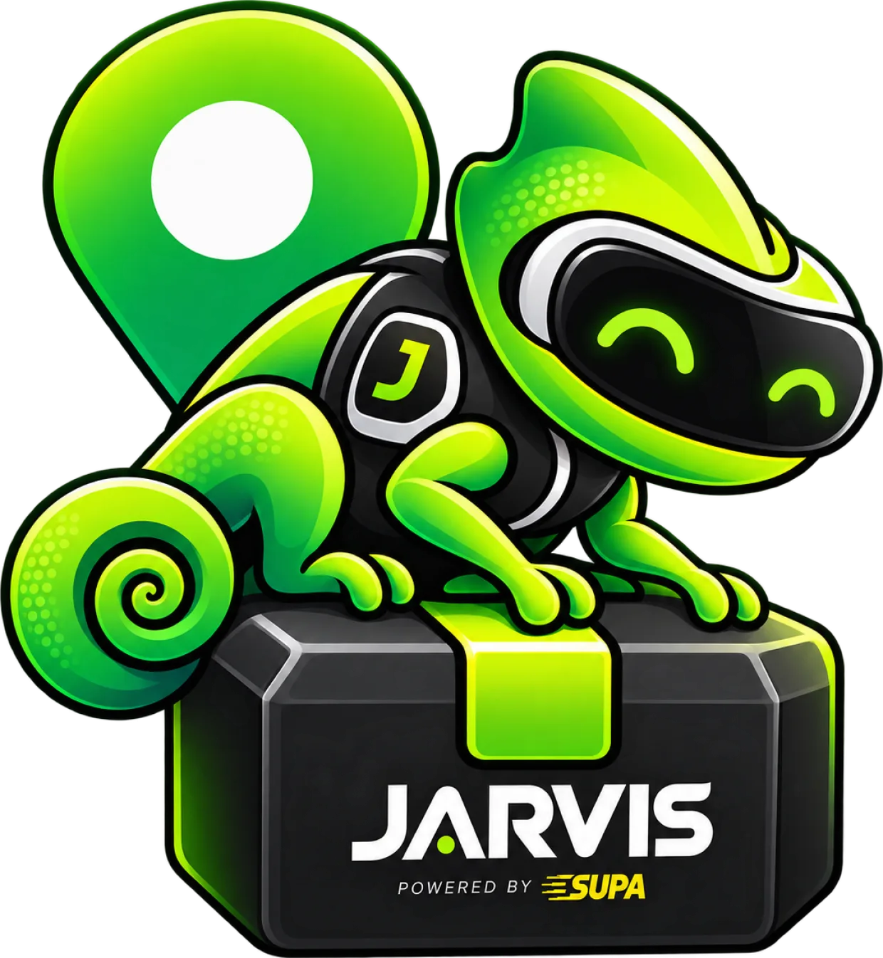 Jarvis, the chameleon mascot, perched on a delivery case beside a location pin